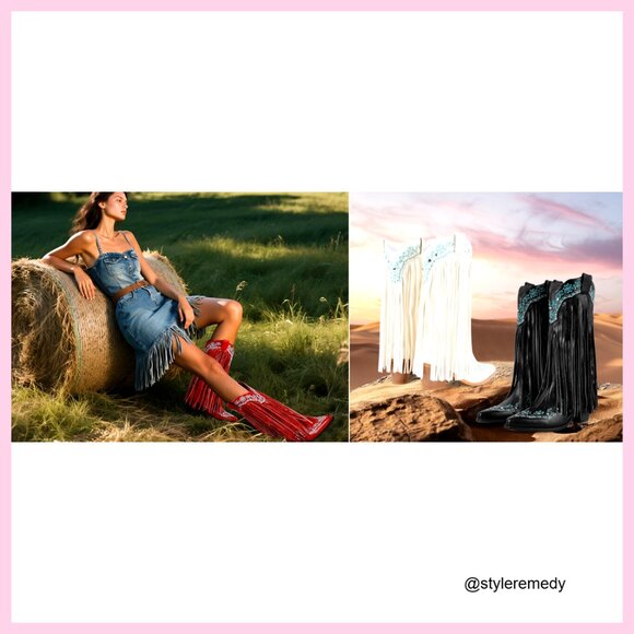 Fringe Cowboy Boots Women Mid Calf Pull On Chunky Heel Embroidered Western - Picture 7 of 7